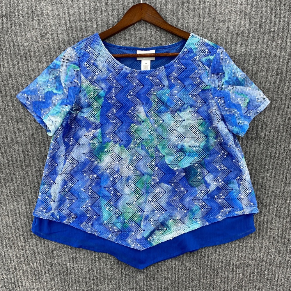 Alfred Dunner Blouse Women PM Blue Chevron Crochet Knit Layered Coastal Eclectic